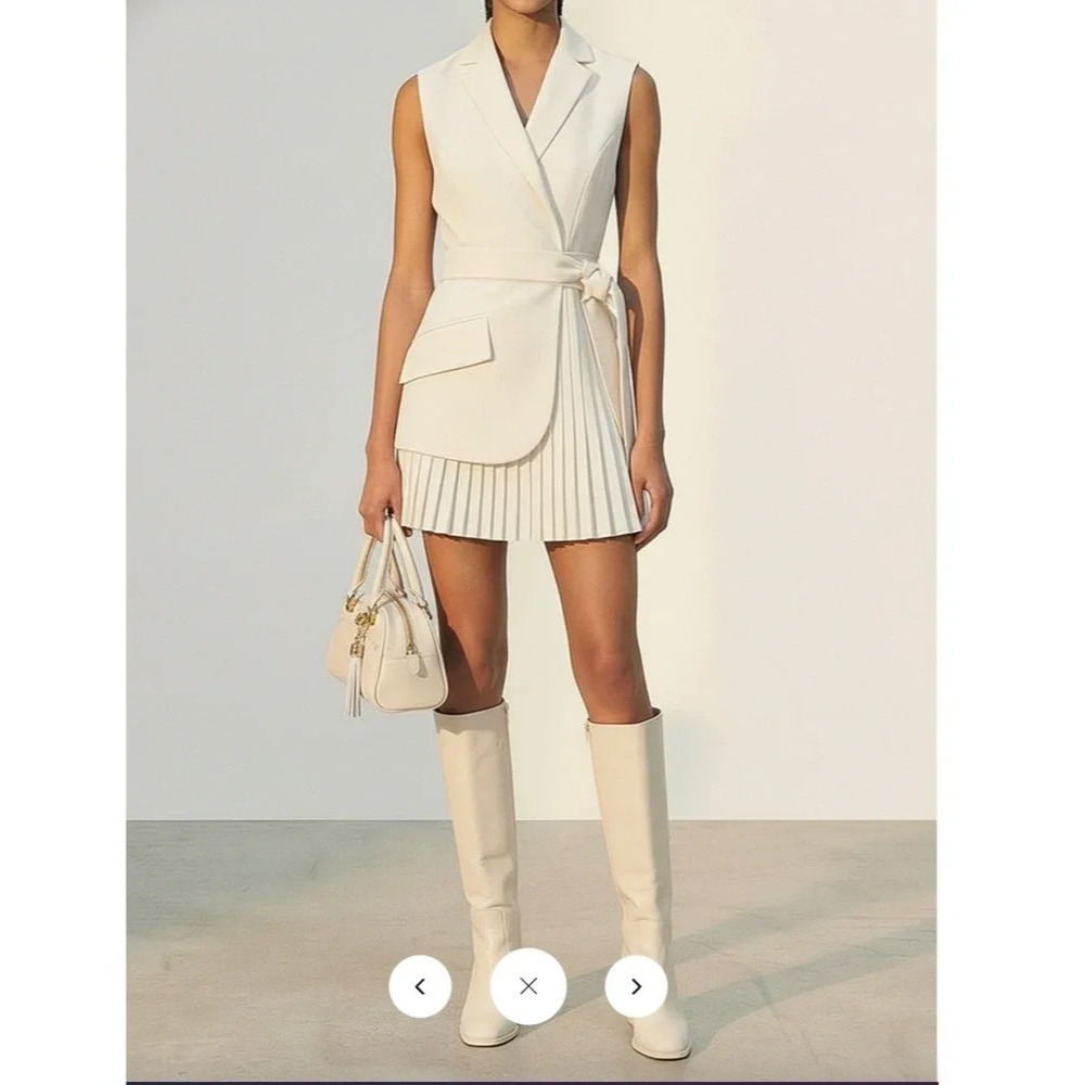 Commense Womens Mini Dress Small Sleeveless Cream Belted Pleated Modern Workwear